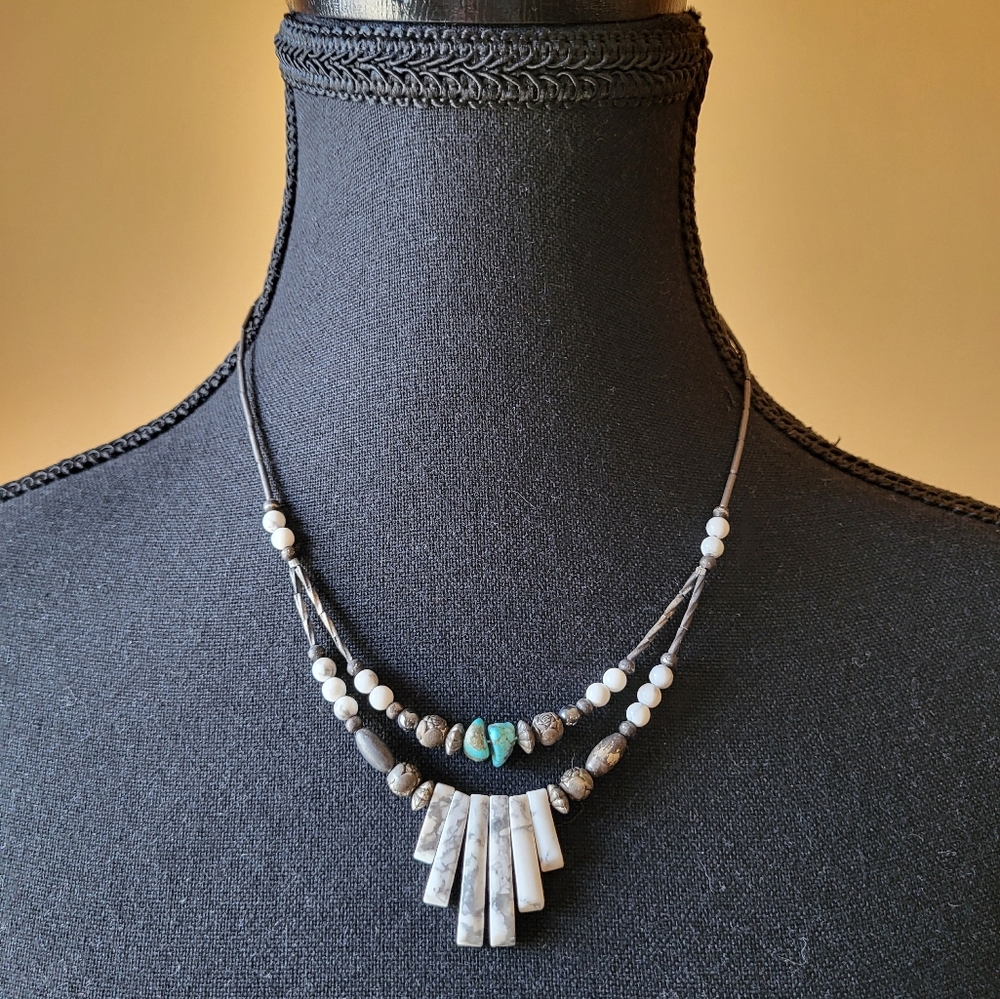 Double-Strand Necklace with Turquoise White and Brown Accents